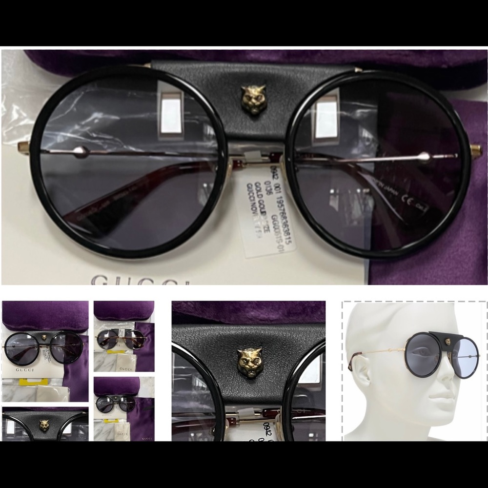 GUCCI UNISEX ROUND SUNGLASSES WITH DETACHABLE BLACK LEATHER & LOGO TIGER HEAD - Picture 4 of 16